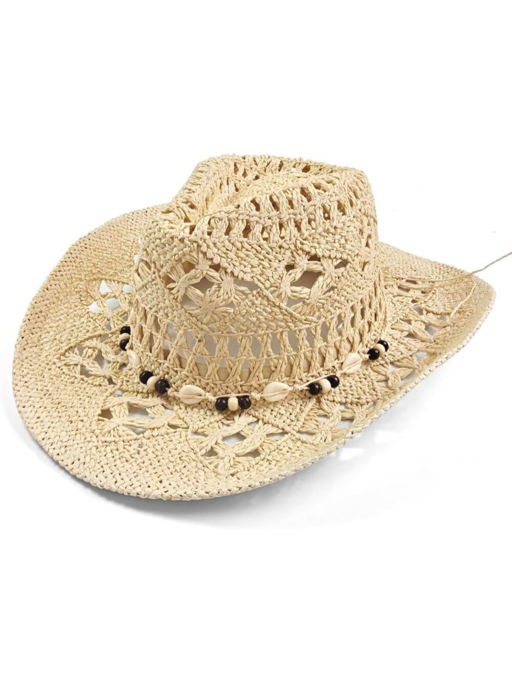 Women's Beige Straw Beaded Band Wide Brim Cowboy Western Cowgirl Sun Hat